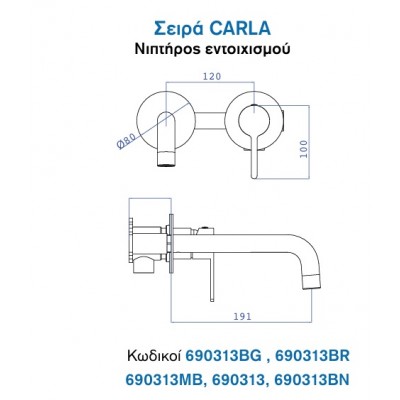 Kls Carla 690313 Σετ Μίκτης & Στόμιο Μπαταρια Εντοιχισμού Νιπτήρα 1 Εξόδου Chrome
