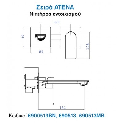 Kls Atena 690513MB Σετ Μίκτης & Στόμιο Μπαταρια Εντοιχισμού Νιπτήρα 1 Εξόδου Black Matt